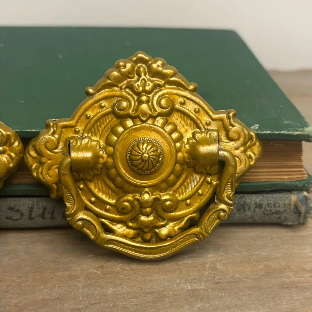 Antique Ornate stamped brass drawer pulls 3.5 inches, Two pulls